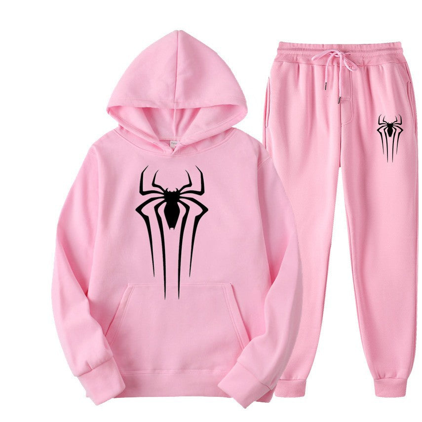 men's casual sportswear set, spider print, fleece-lined thickened tracksuit, cool and stylish