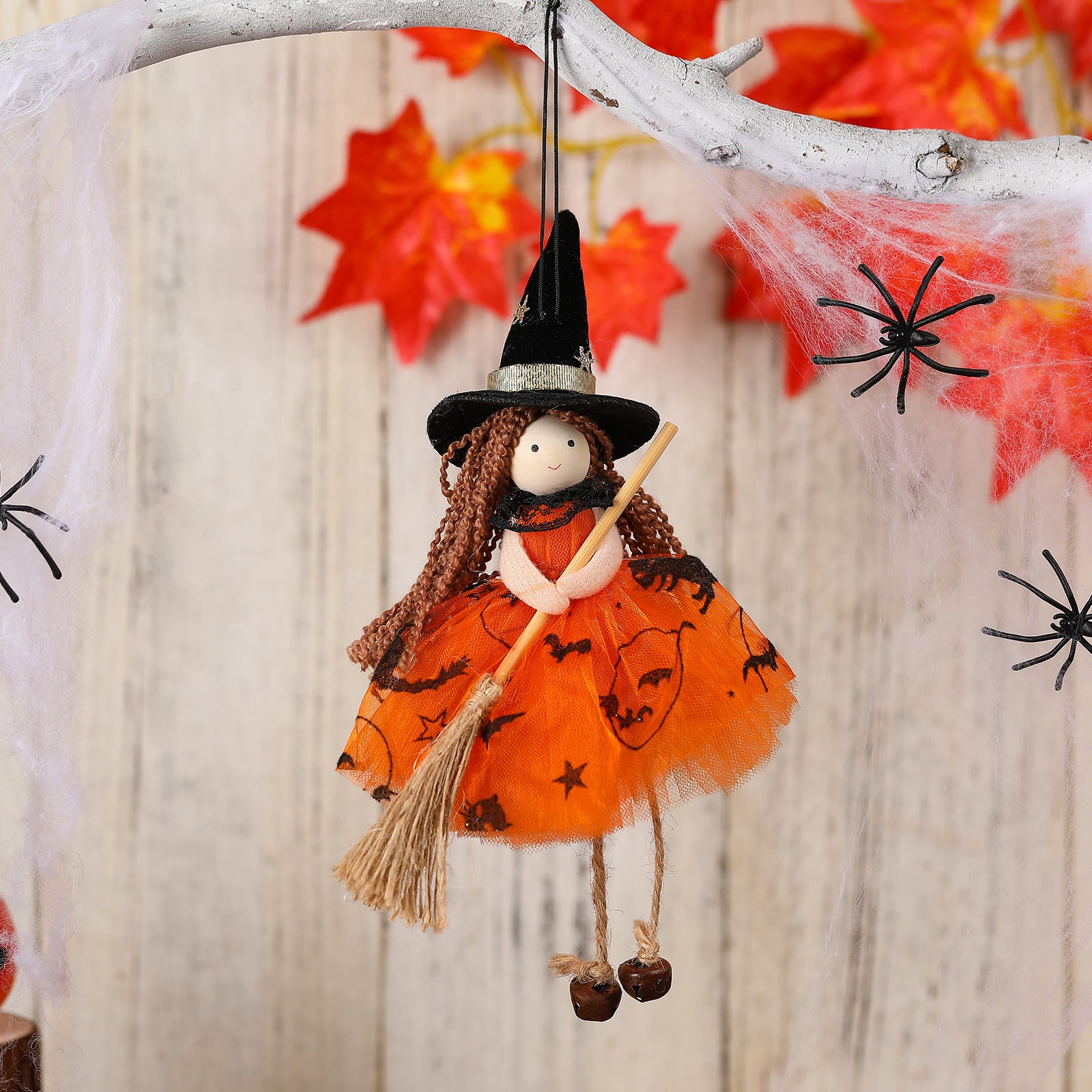 Halloween Mesh Broom Witch Girl Angel Decoration Hanging Bell Doll Christmas Tree Ornament