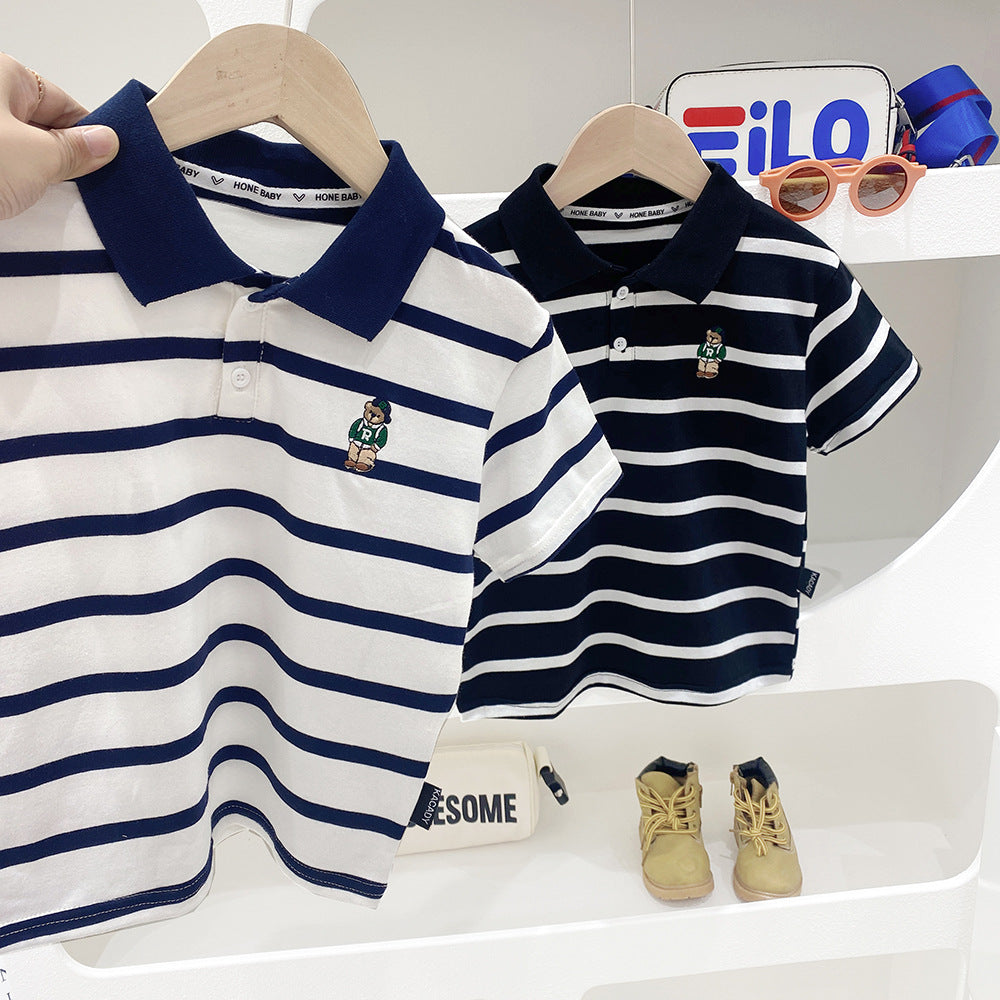 Short Sleeve T-Shirt Turn-Down Collar Striped Baby Trendy T-Shirt for Kids