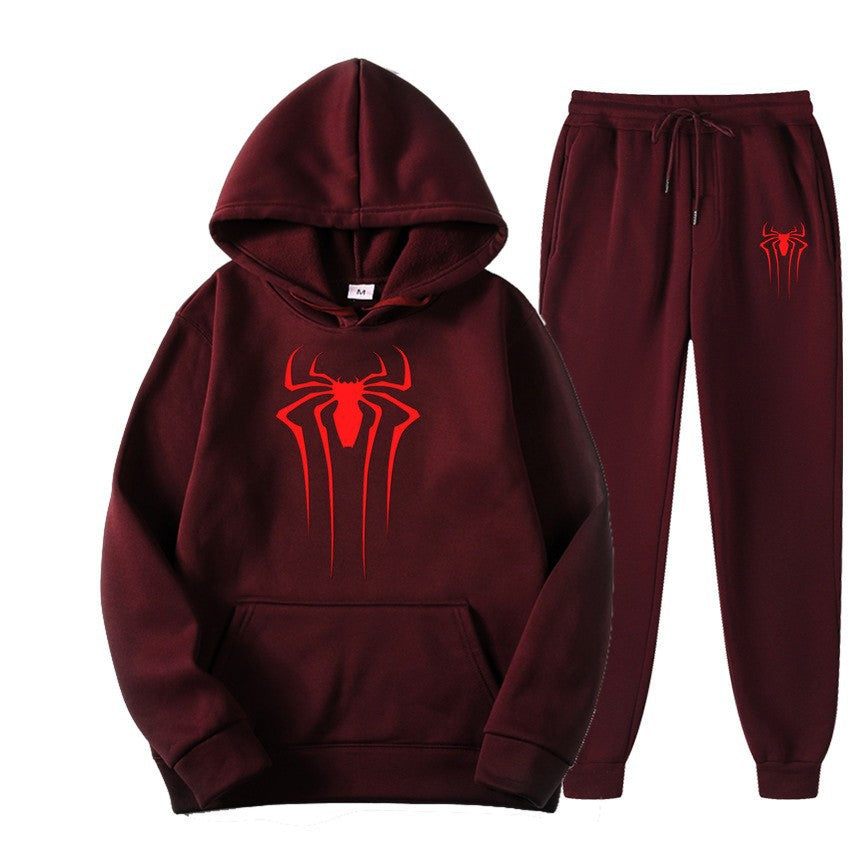 men's casual sportswear set, spider print, fleece-lined thickened tracksuit, cool and stylish