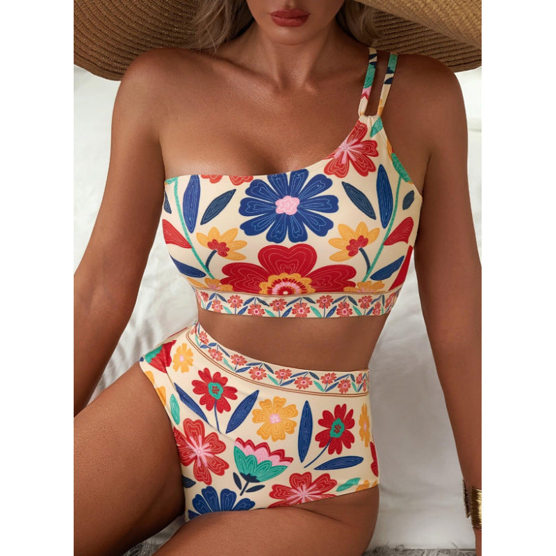 New women's high waisted bikini set with one shoulder floral print swimsuit, 2-piece set, belly cinching swimsuit