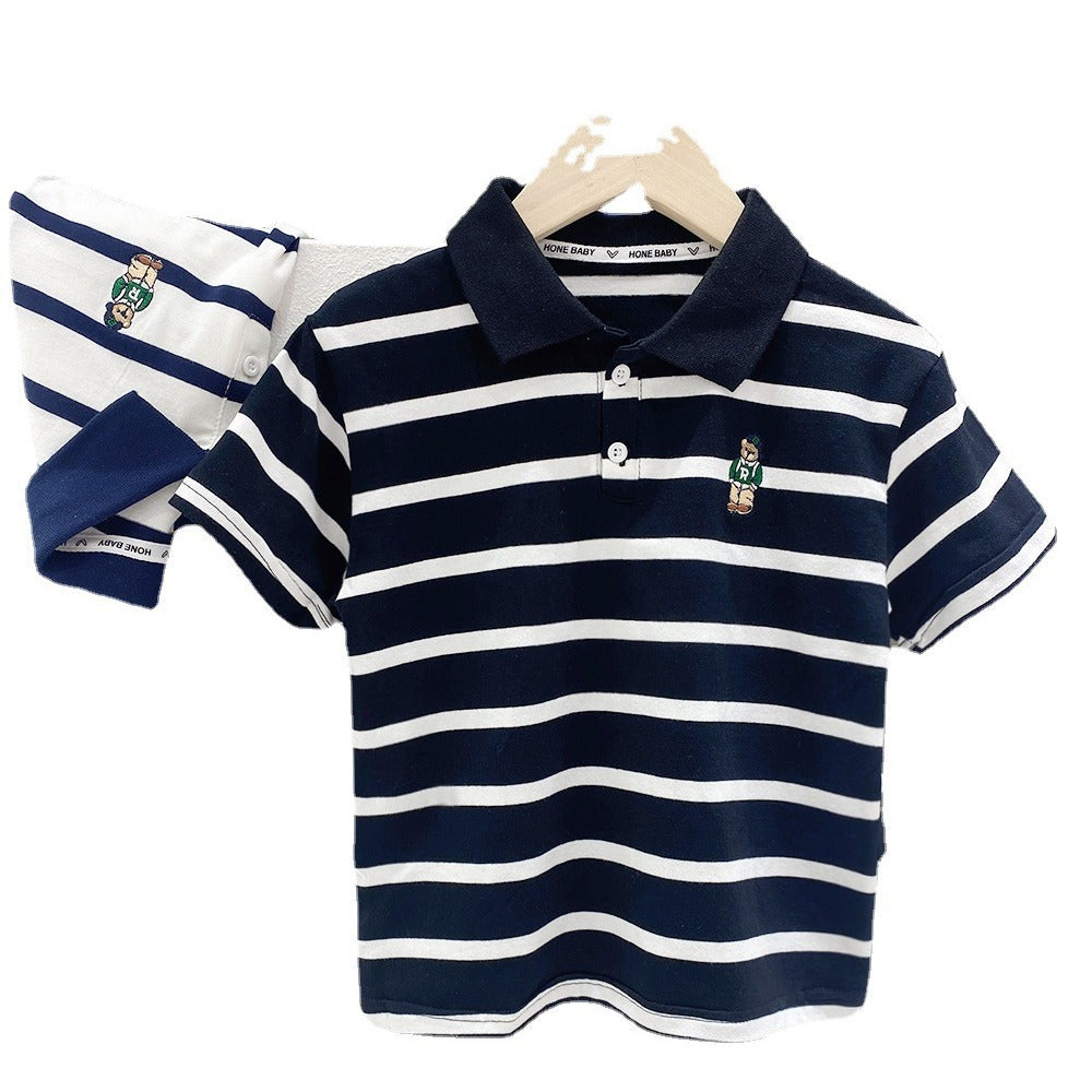 Short Sleeve T-Shirt Turn-Down Collar Striped Baby Trendy T-Shirt for Kids