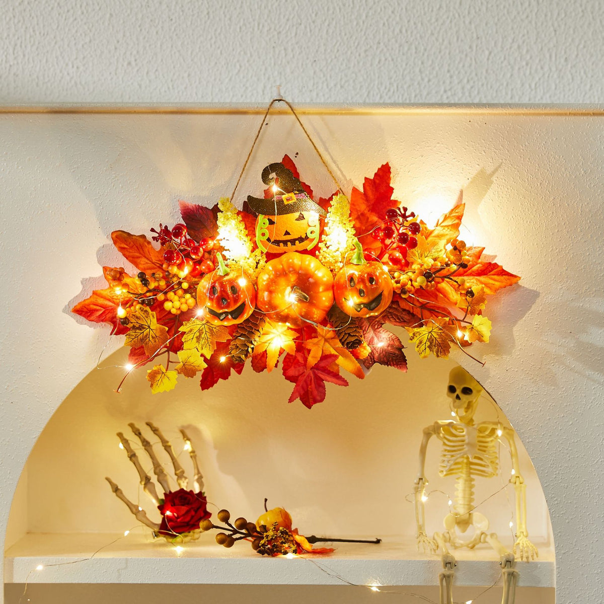 Halloween Decoration Autumn Color Pumpkin Wreath Maple Leaf Harvest Festival Door Hanging Ghost Festival Scene Decoration Light-Up Hanging Ornament Lighting Decor