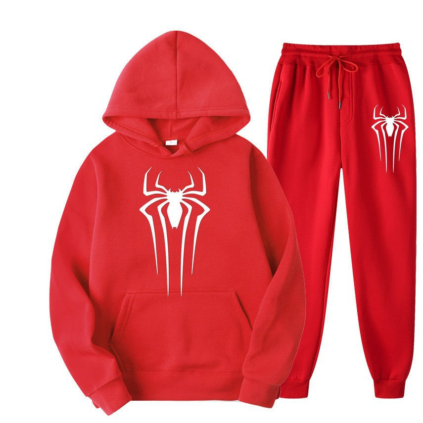 men's casual sportswear set, spider print, fleece-lined thickened tracksuit, cool and stylish