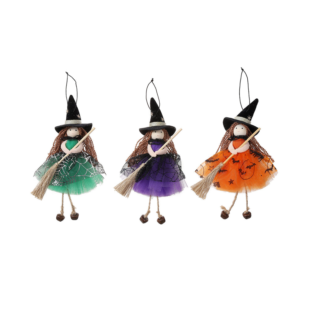 Halloween Mesh Broom Witch Girl Angel Decoration Hanging Bell Doll Christmas Tree Ornament