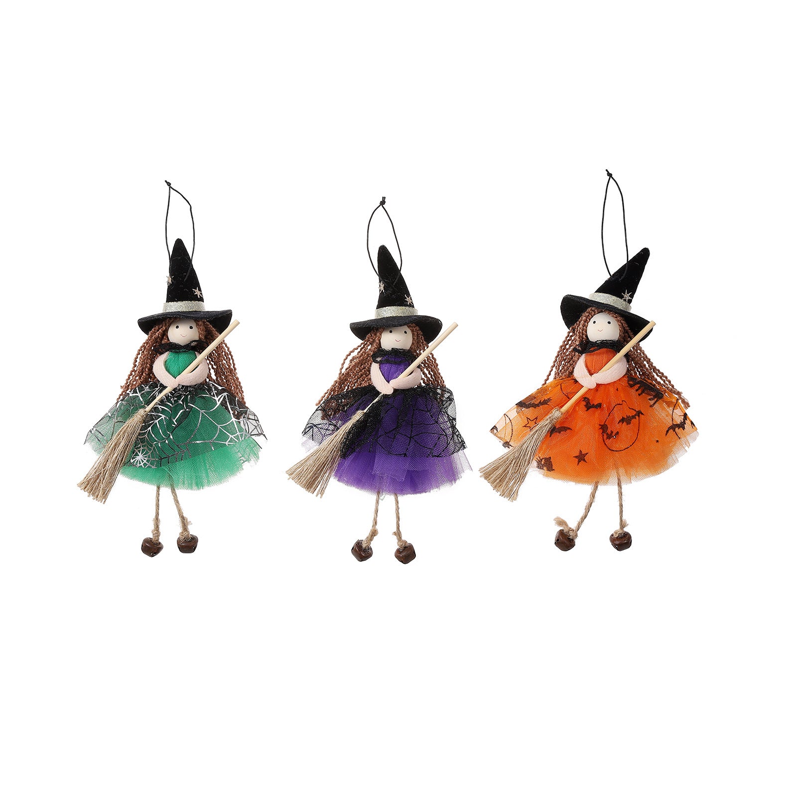 Halloween Mesh Broom Witch Girl Angel Decoration Hanging Bell Doll Christmas Tree Ornament