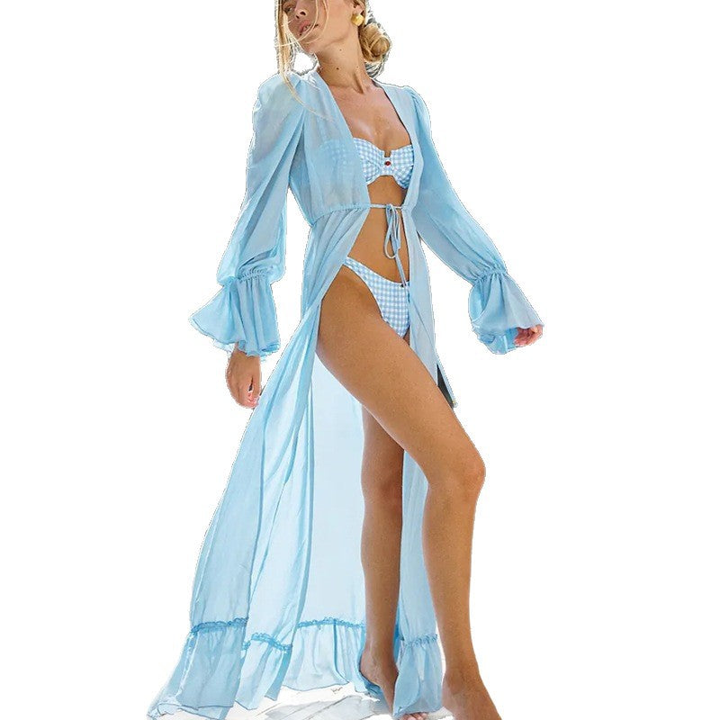 Bikini Three-Piece Set with Sheer Cover-Up and Skirt, Sexy Beach Swimwear