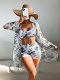 Fashionable Sexy Mesh Cover-Up with Leg-Length Briefs Three-Piece Swimwear Set for Women