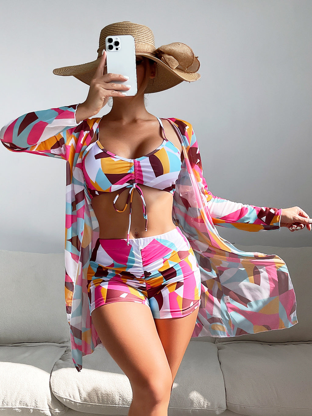 Fashionable Sexy Mesh Cover-Up with Leg-Length Briefs Three-Piece Swimwear Set for Women