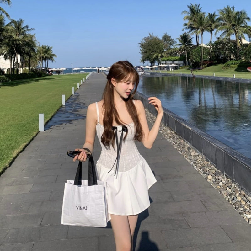 Sweet Ladylike Ruffle Bow Sleeveless One-Piece Dress-Style Swimwear for Women