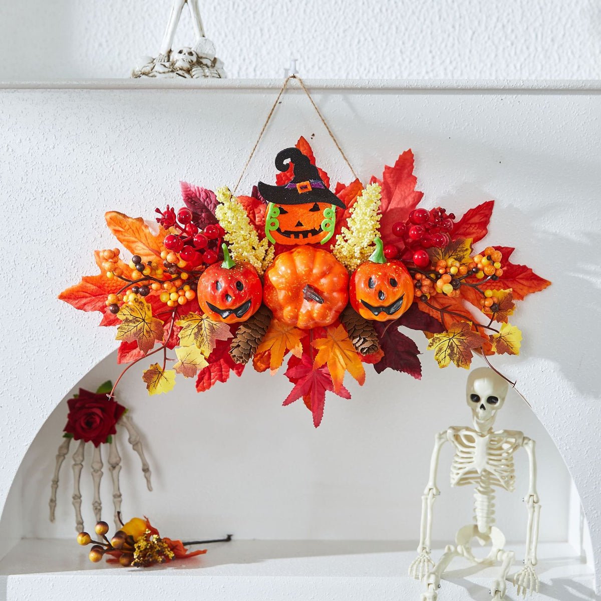 Halloween Decoration Autumn Color Pumpkin Wreath Maple Leaf Harvest Festival Door Hanging Ghost Festival Scene Decoration Light-Up Hanging Ornament Lighting Decor