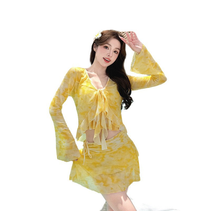 Vacation Style Long Sleeve Plus Size Swimwear Women's Separated Skirt Four-Piece Bikini for Curvy Body Type, Slimming and Coverage