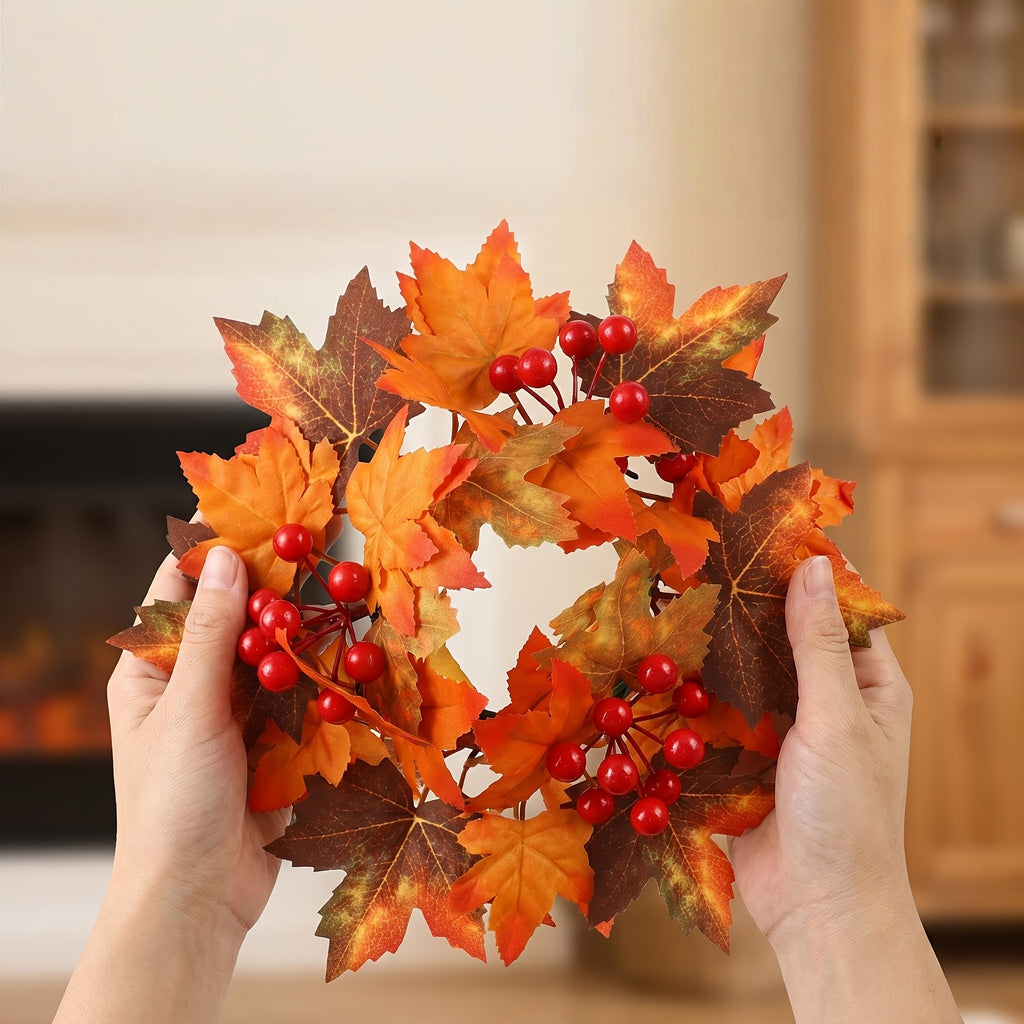 Faux Flower Wreath with Red Berries and Maple Leaves for Table and Living Room Decoration, Thanksgiving and Harvest Festival Berry Decor, Candle Holder Wreath
