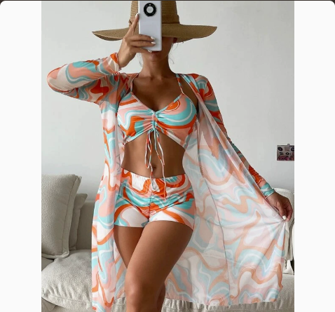 Fashionable Sexy Mesh Cover-Up with Leg-Length Briefs Three-Piece Swimwear Set for Women
