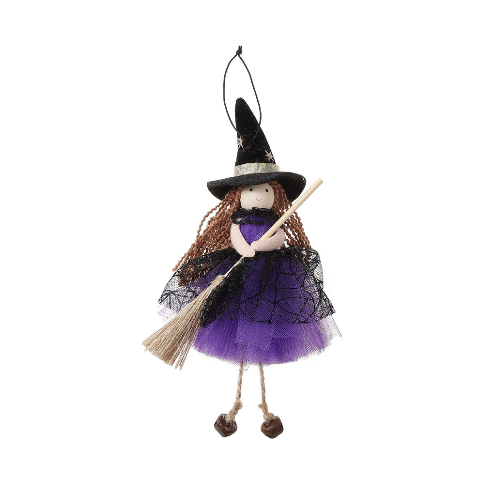Halloween Mesh Broom Witch Girl Angel Decoration Hanging Bell Doll Christmas Tree Ornament