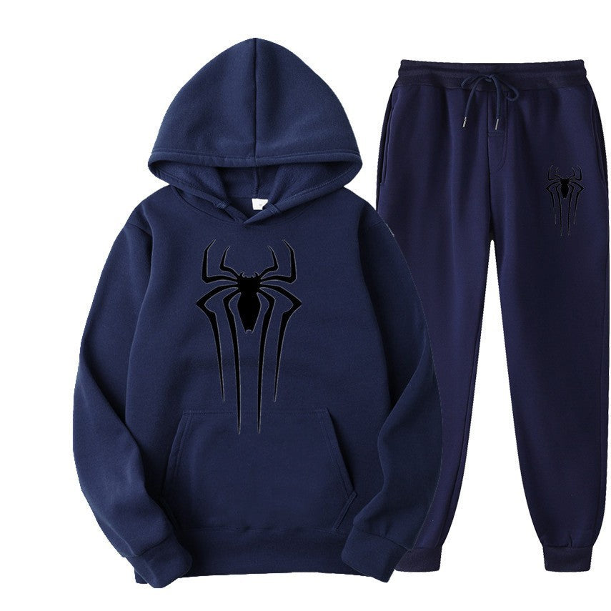 men's casual sportswear set, spider print, fleece-lined thickened tracksuit, cool and stylish