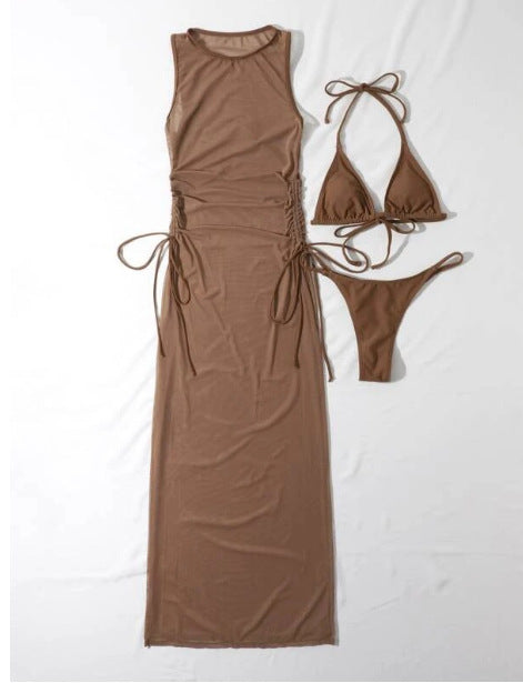 Bikini Swimwear Set, Solid Color Long Dress, Sexy Three-Piece Separated Swimsuit for Women