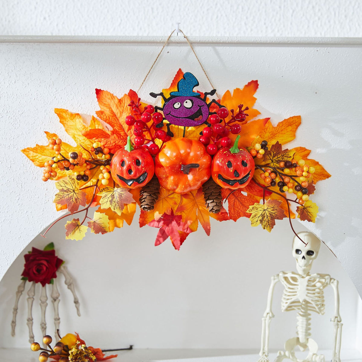 Halloween Decoration Autumn Color Pumpkin Wreath Maple Leaf Harvest Festival Door Hanging Ghost Festival Scene Decoration Light-Up Hanging Ornament Lighting Decor
