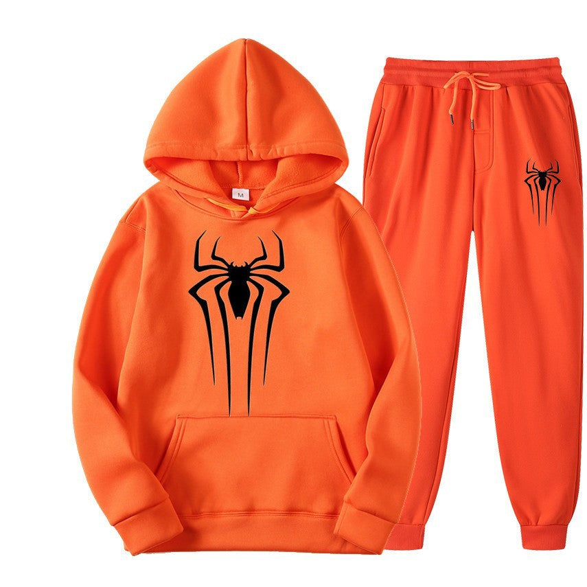 men's casual sportswear set, spider print, fleece-lined thickened tracksuit, cool and stylish