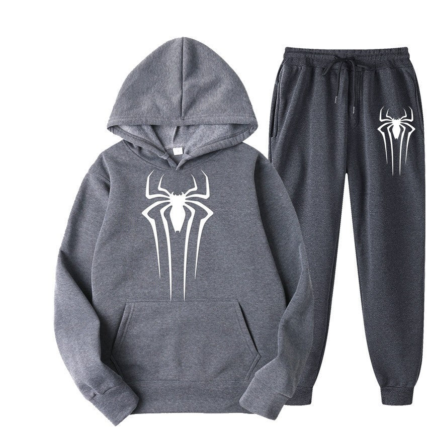 men's casual sportswear set, spider print, fleece-lined thickened tracksuit, cool and stylish