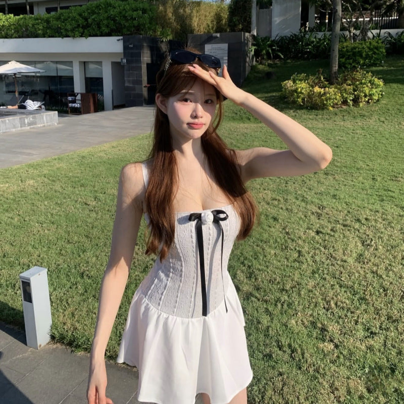 Sweet Ladylike Ruffle Bow Sleeveless One-Piece Dress-Style Swimwear for Women
