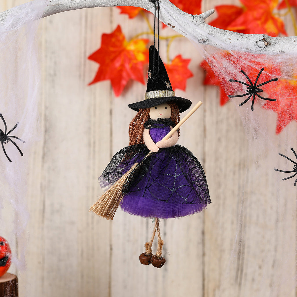 Halloween Mesh Broom Witch Girl Angel Decoration Hanging Bell Doll Christmas Tree Ornament