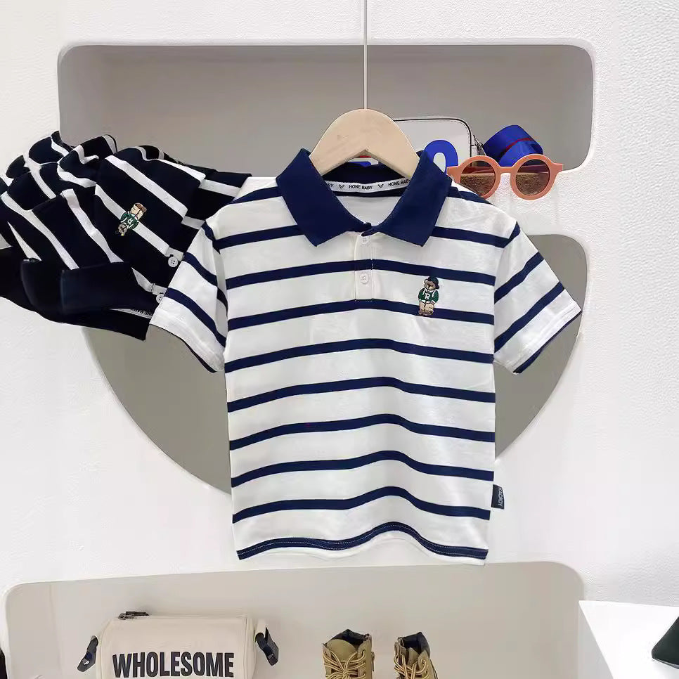 Short Sleeve T-Shirt Turn-Down Collar Striped Baby Trendy T-Shirt for Kids