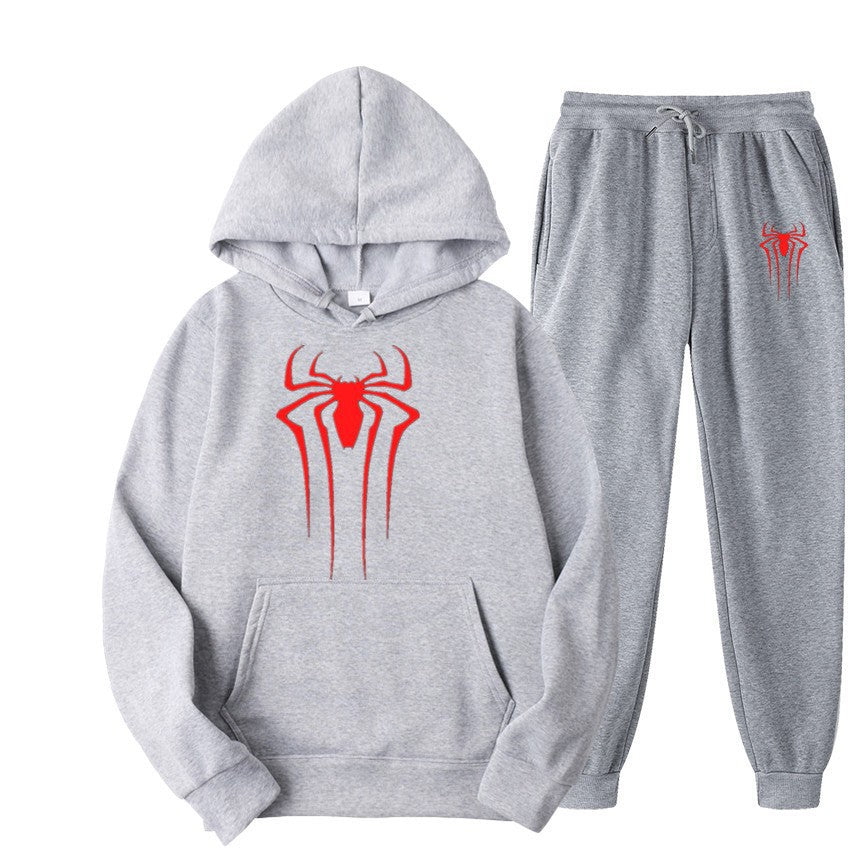 men's casual sportswear set, spider print, fleece-lined thickened tracksuit, cool and stylish
