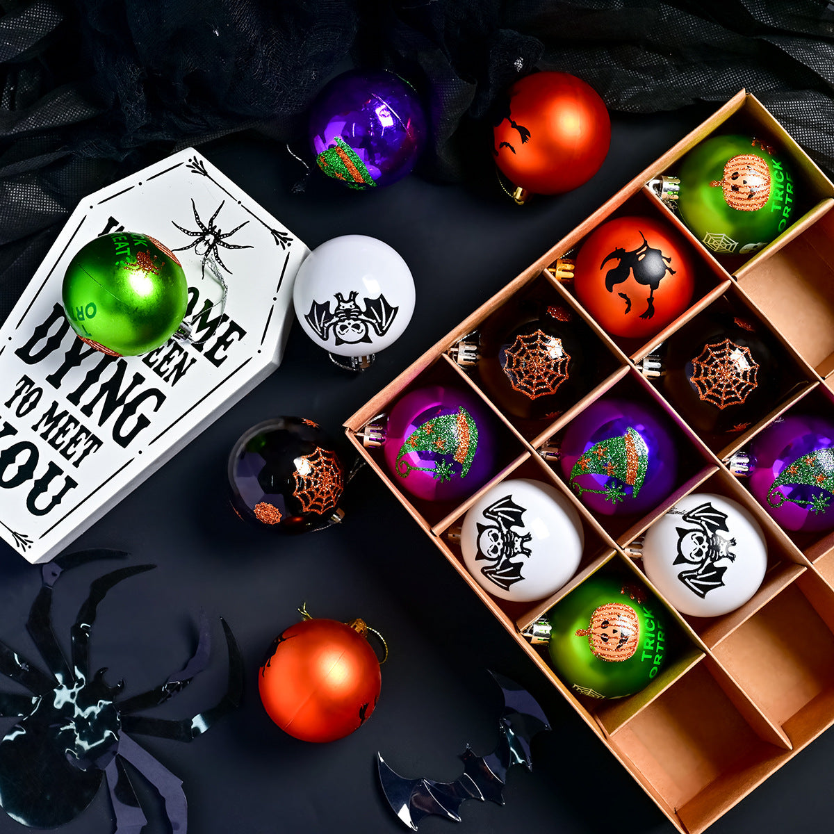 Halloween 6cm Painted Electroplated Ghost Ball Dark Skull Pumpkin Decoration Set Tree Hanging Party Ornament