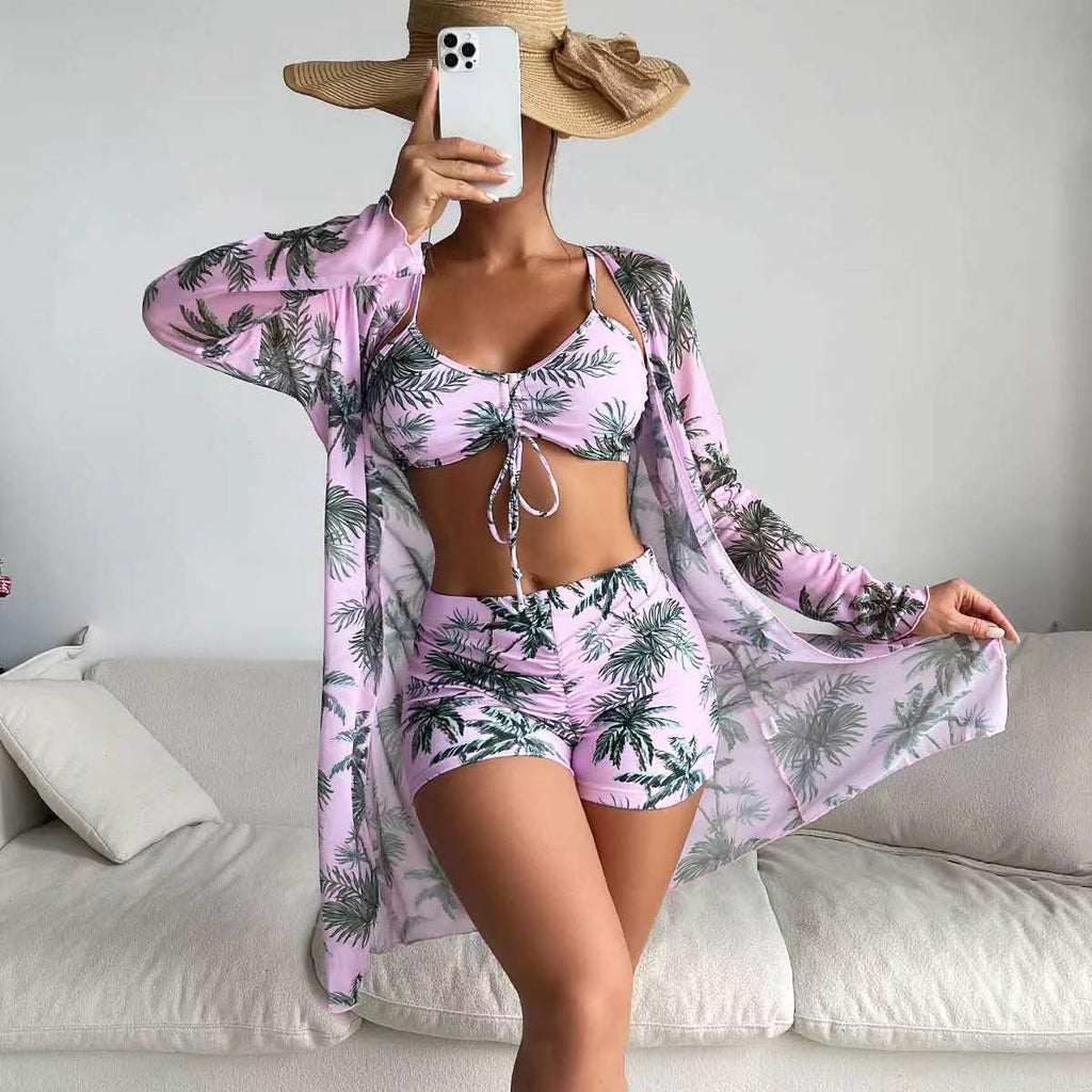 Fashionable Sexy Mesh Cover-Up with Leg-Length Briefs Three-Piece Swimwear Set for Women