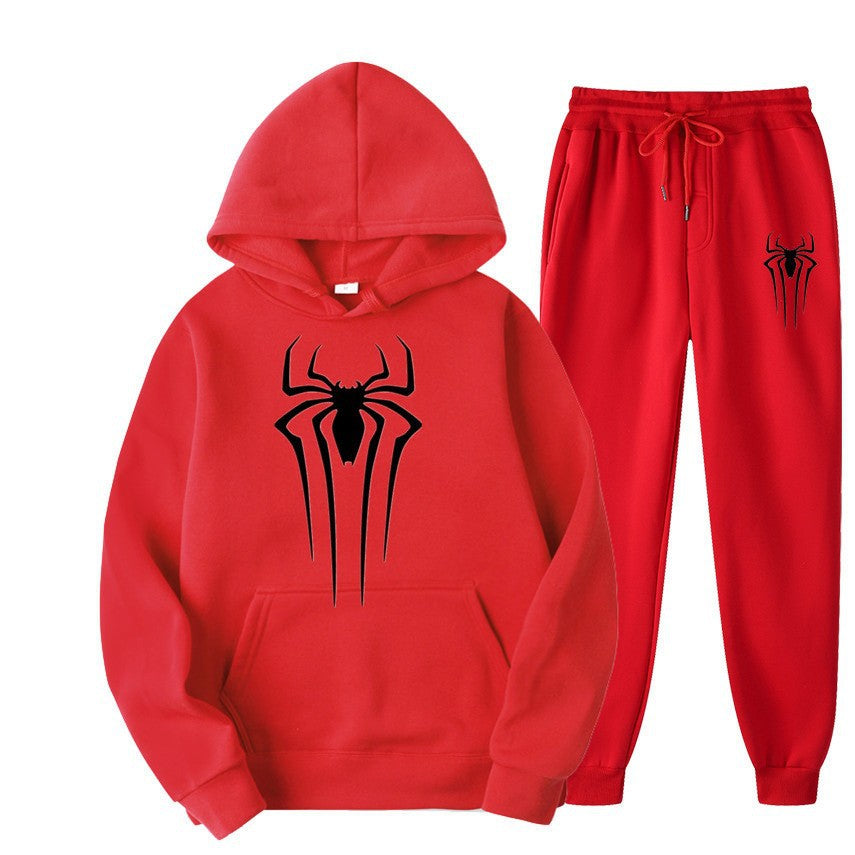 men's casual sportswear set, spider print, fleece-lined thickened tracksuit, cool and stylish
