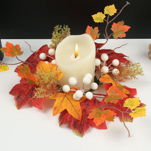 Hot Sale Artificial Flower Wreath Table Decoration Halloween Berry Pumpkin Candle Holder Harvest Maple Leaf Wreath Autumn Festival