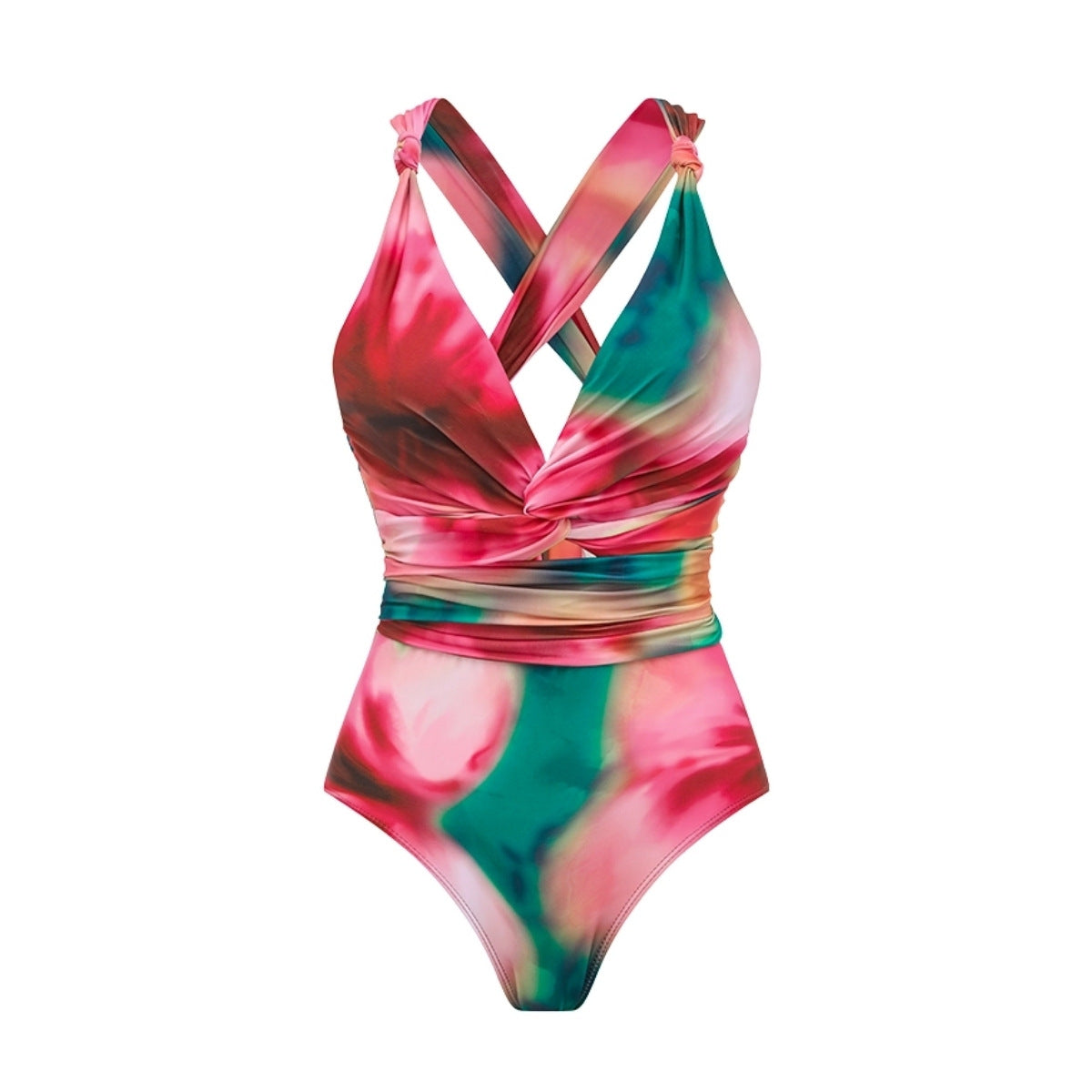 Fashion V-Neck Cross-Back Tie Dye One-Piece Swimwear Set for Women