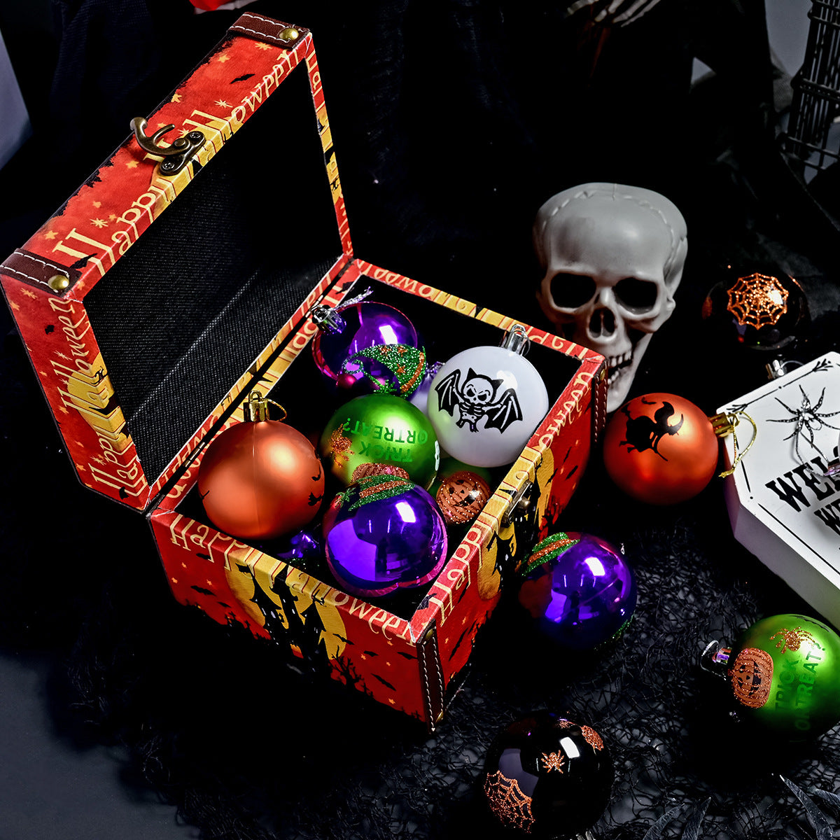Halloween 6cm Painted Electroplated Ghost Ball Dark Skull Pumpkin Decoration Set Tree Hanging Party Ornament