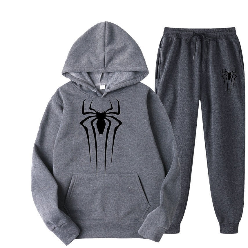 men's casual sportswear set, spider print, fleece-lined thickened tracksuit, cool and stylish