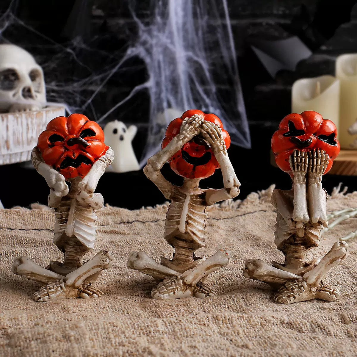 Meditation Yoga Pumpkin Head Skull Doll Decoration Halloween Horror Doll Scene Prop Horror Figurine