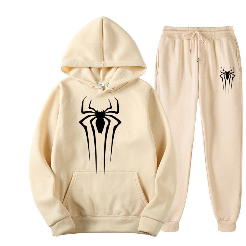 men's casual sportswear set, spider print, fleece-lined thickened tracksuit, cool and stylish