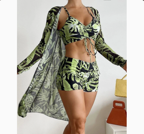 Fashionable Sexy Mesh Cover-Up with Leg-Length Briefs Three-Piece Swimwear Set for Women