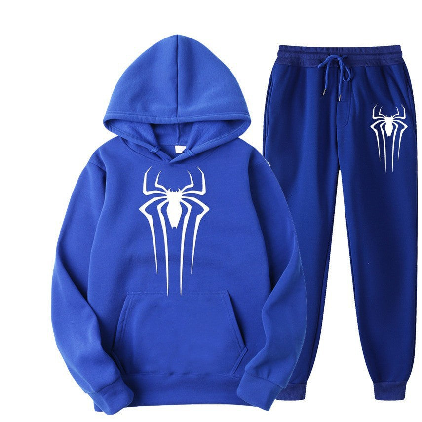 men's casual sportswear set, spider print, fleece-lined thickened tracksuit, cool and stylish