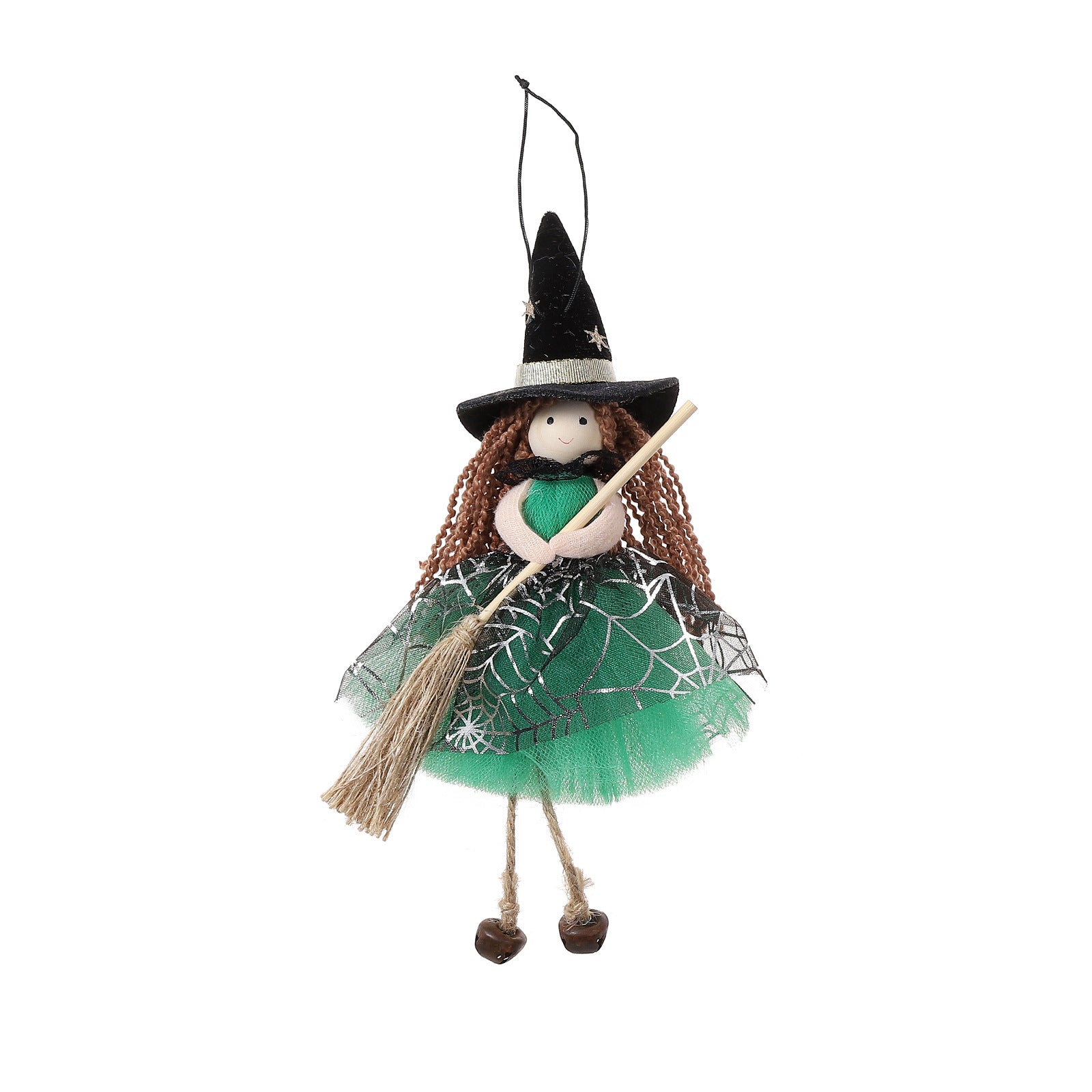 Halloween Mesh Broom Witch Girl Angel Decoration Hanging Bell Doll Christmas Tree Ornament