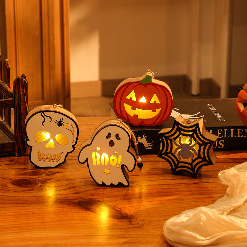 Halloween Decoration Pumpkin Lantern Wooden Skull Spider Halloween Scene Hanging Ornament Night Light