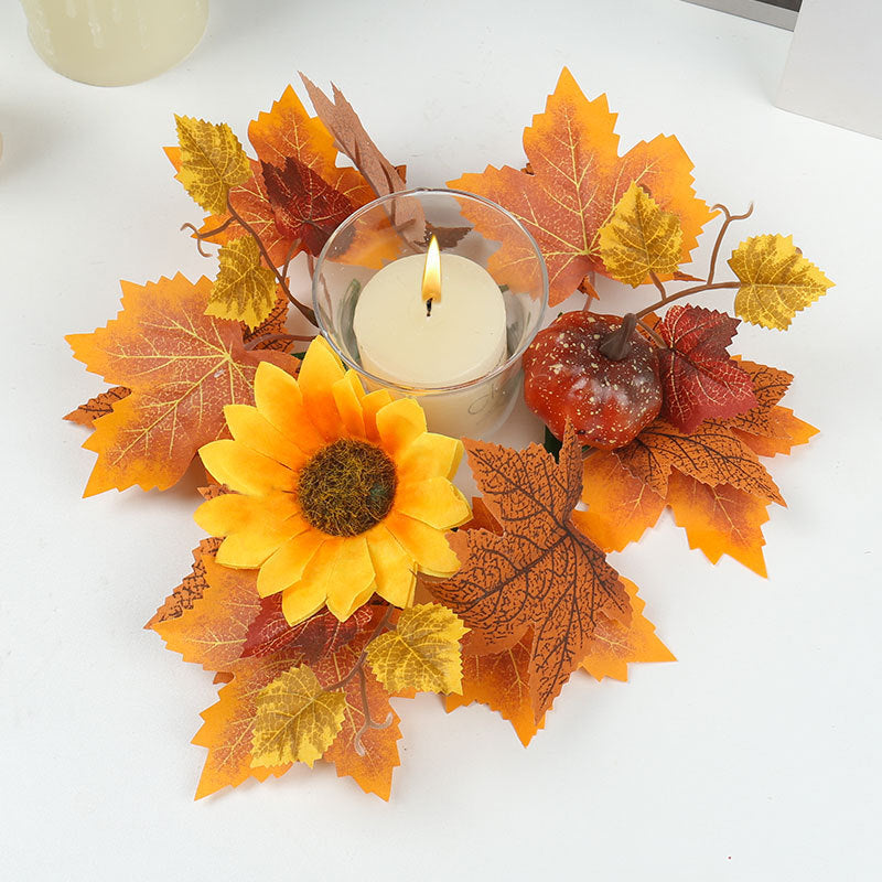 Hot Sale Artificial Flower Wreath Table Decoration Halloween Berry Pumpkin Candle Holder Harvest Maple Leaf Wreath Autumn Festival