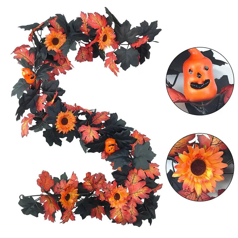 Faux Halloween Vine with Ghost Face Pumpkin and Maple Leaves Decorative Vine for Home Halloween Decoration