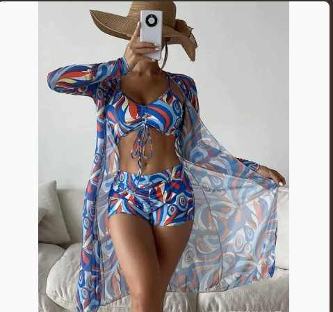 Fashionable Sexy Mesh Cover-Up with Leg-Length Briefs Three-Piece Swimwear Set for Women