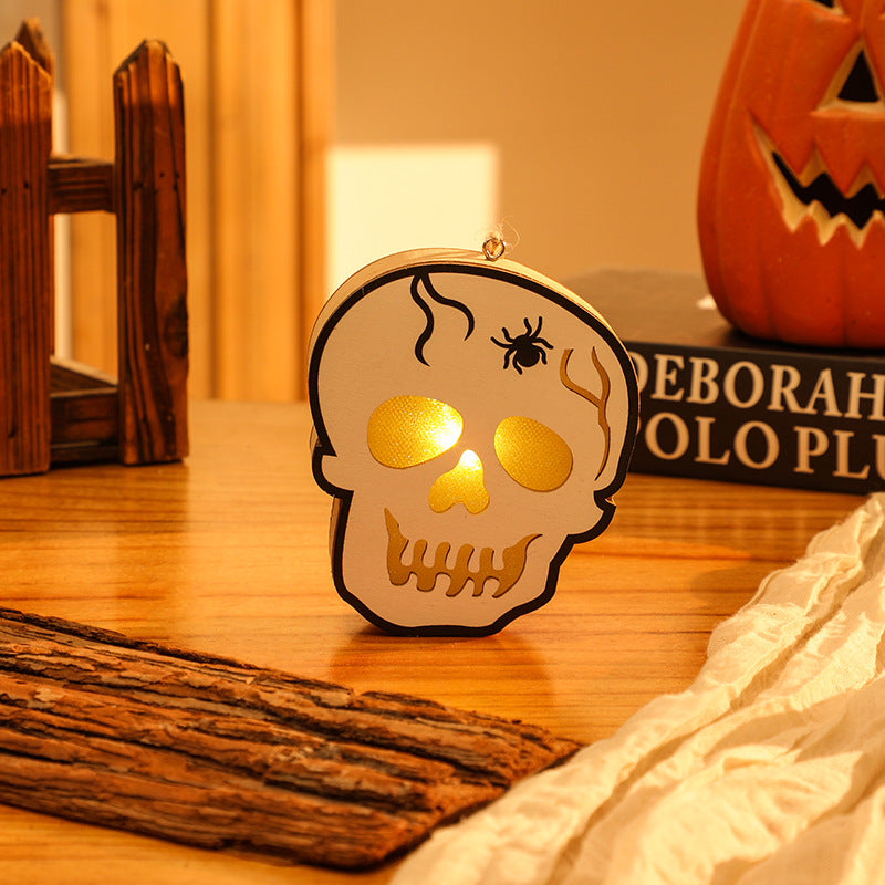 Halloween Decoration Pumpkin Lantern Wooden Skull Spider Halloween Scene Hanging Ornament Night Light
