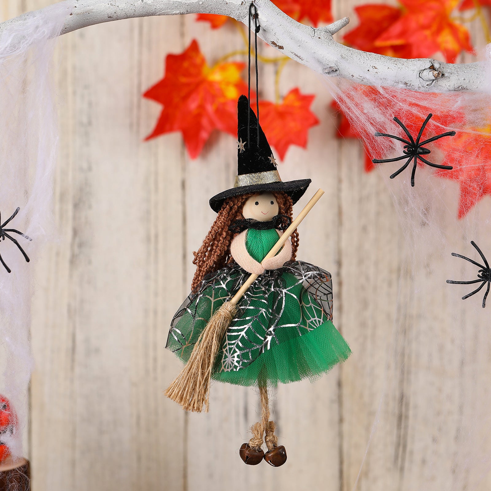 Halloween Mesh Broom Witch Girl Angel Decoration Hanging Bell Doll Christmas Tree Ornament