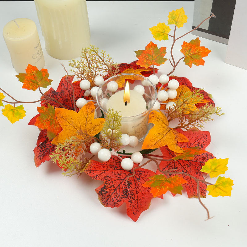Hot Sale Artificial Flower Wreath Table Decoration Halloween Berry Pumpkin Candle Holder Harvest Maple Leaf Wreath Autumn Festival