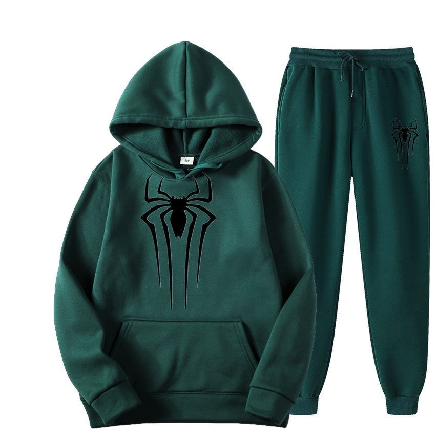 men's casual sportswear set, spider print, fleece-lined thickened tracksuit, cool and stylish