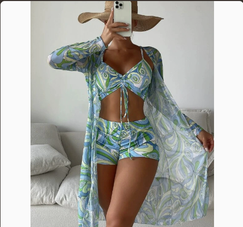 Fashionable Sexy Mesh Cover-Up with Leg-Length Briefs Three-Piece Swimwear Set for Women
