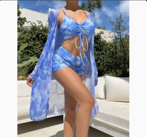 Fashionable Sexy Mesh Cover-Up with Leg-Length Briefs Three-Piece Swimwear Set for Women